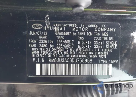 2013 Hyundai Tucson Gls z USA, uszkodzony, nr VIN KM8JU3AC8DU755958